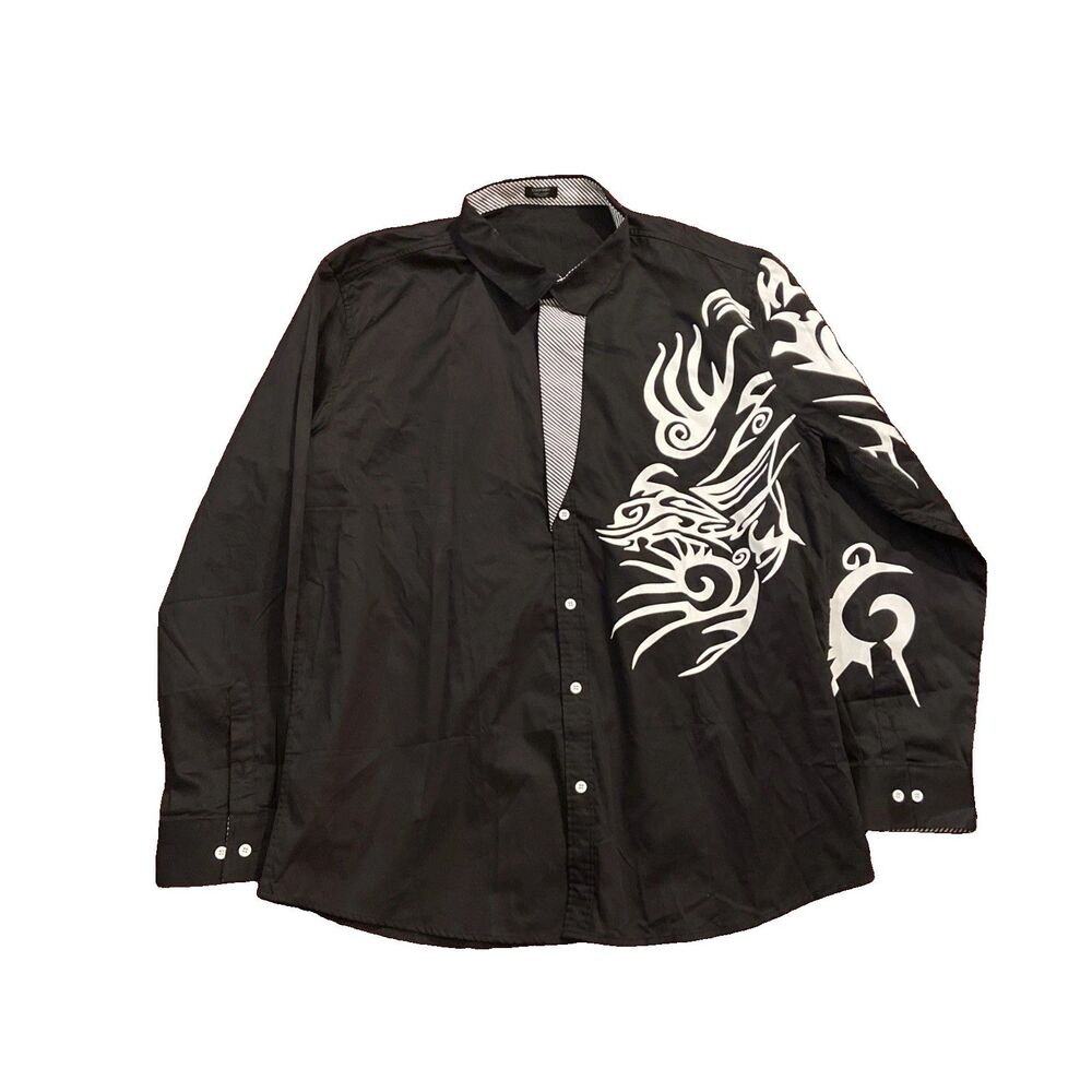 COOFANDY Black White Tribal Dragon Graphic Long Sleeve Shirt Men’s 2XL